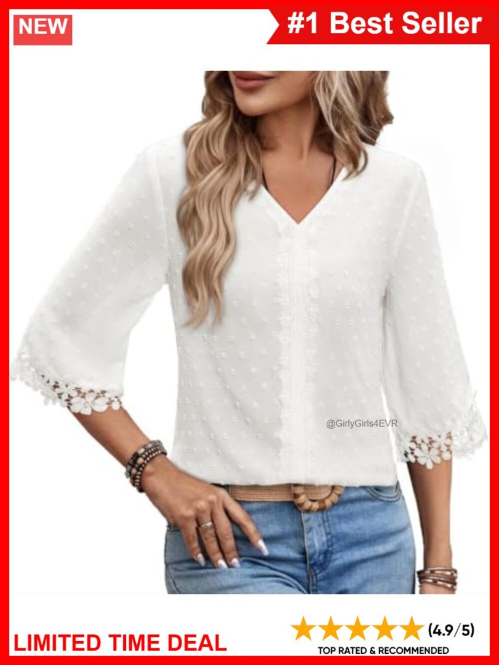 Women's Peasant Blouse 3/4 Sleeve V-Neck Lace Trim Business Casual Top